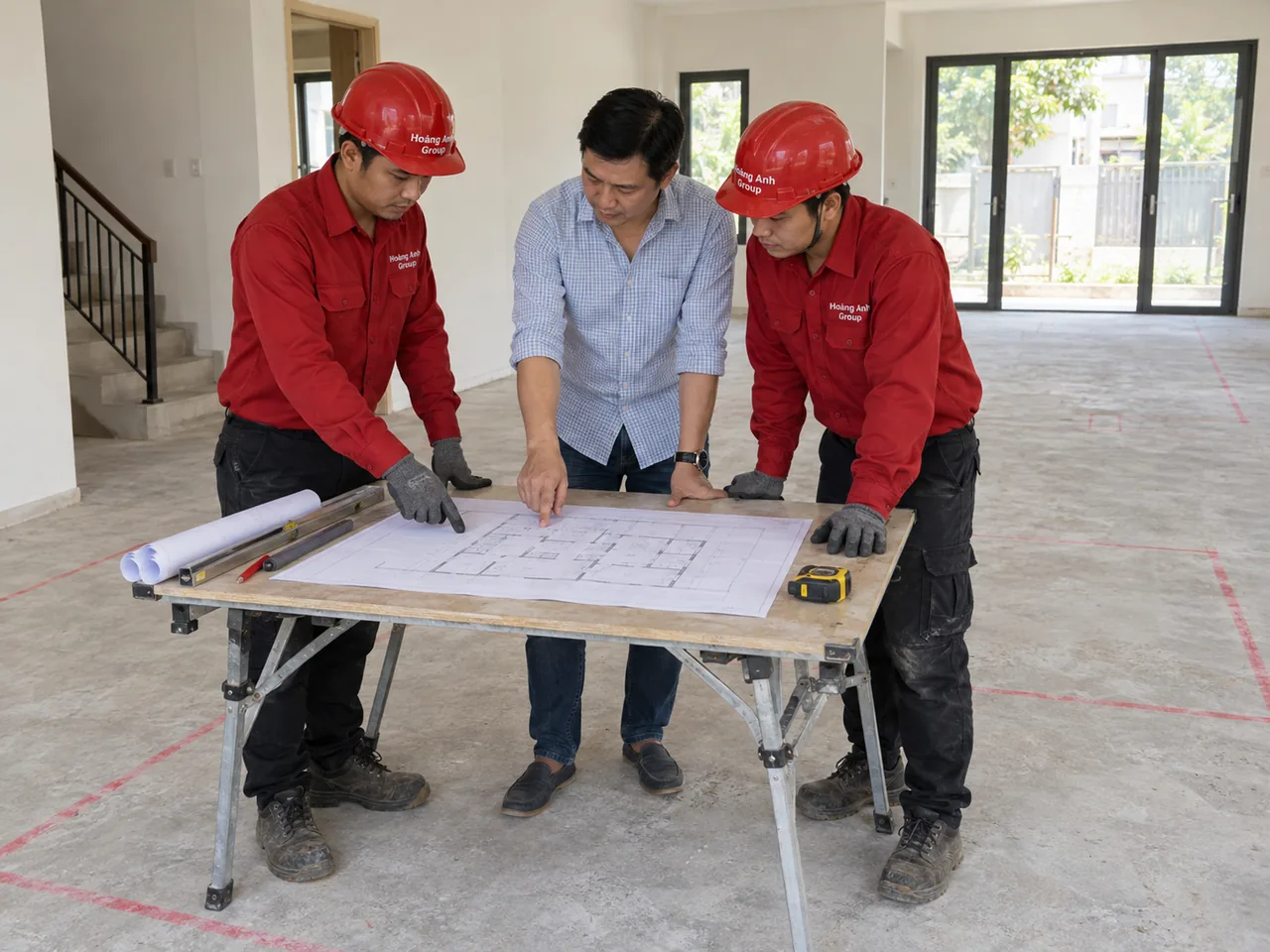 Nhân công và chủ nhà trao đổi bản vẽ tại phòng tầng trệt trước khi xác nhận phạm vi