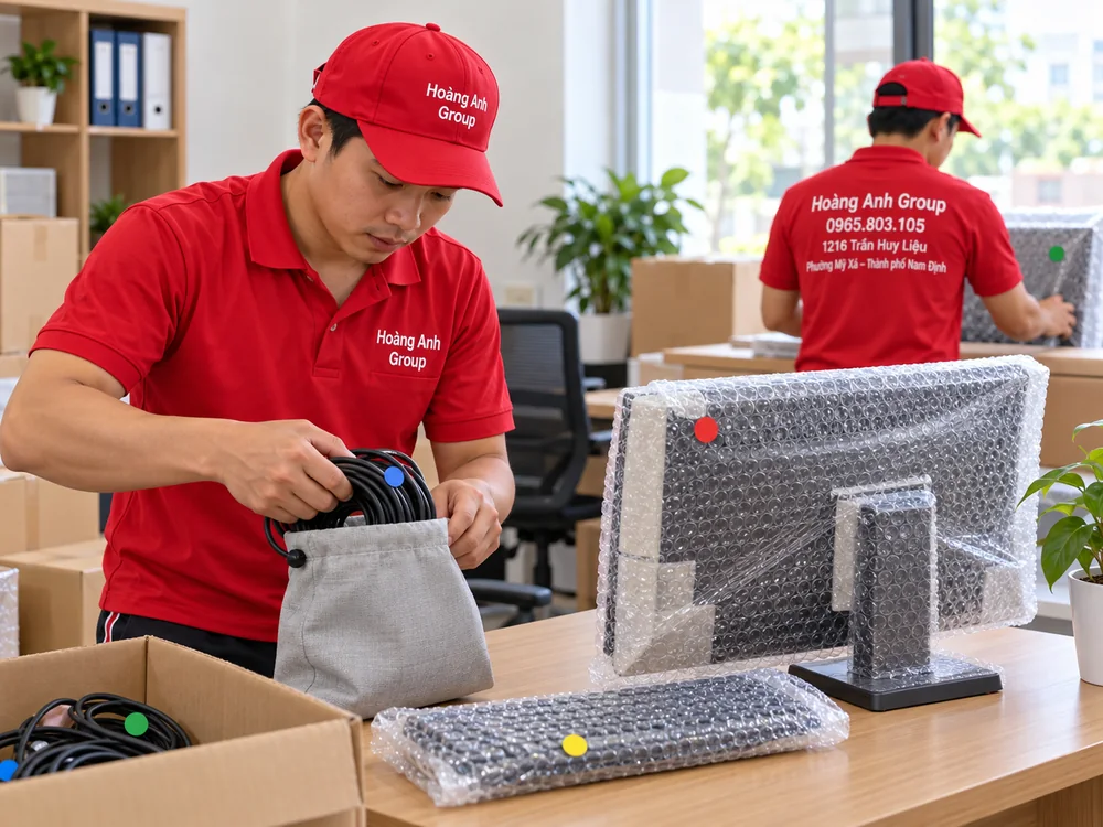 Nhân viên Hoàng Anh Group thu gọn dây cáp và bọc màn hình máy tính văn phòng