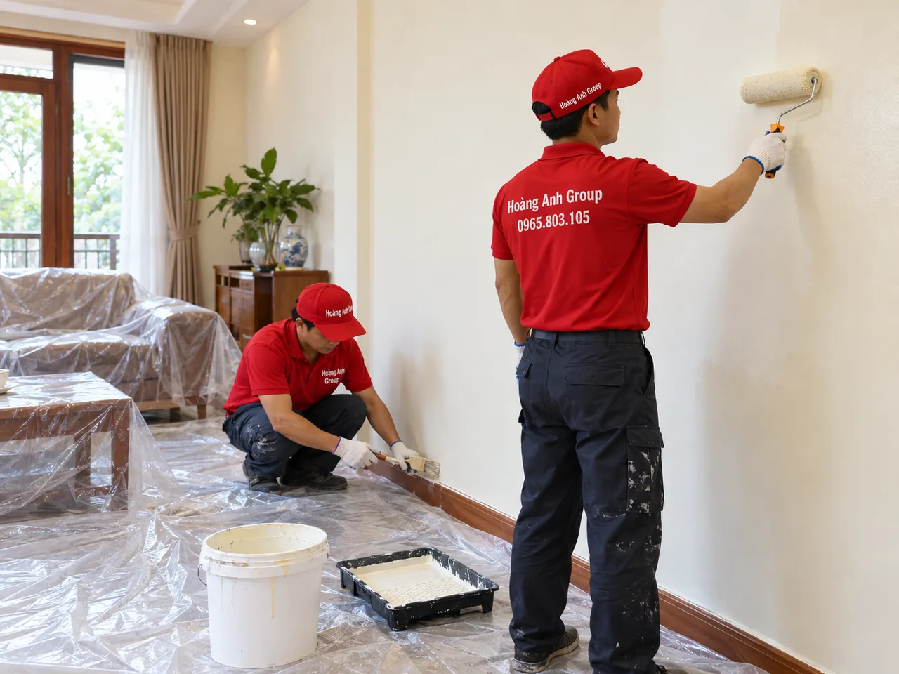 Nhân công lăn sơn tường và sơn viền trong căn phòng được che chắn