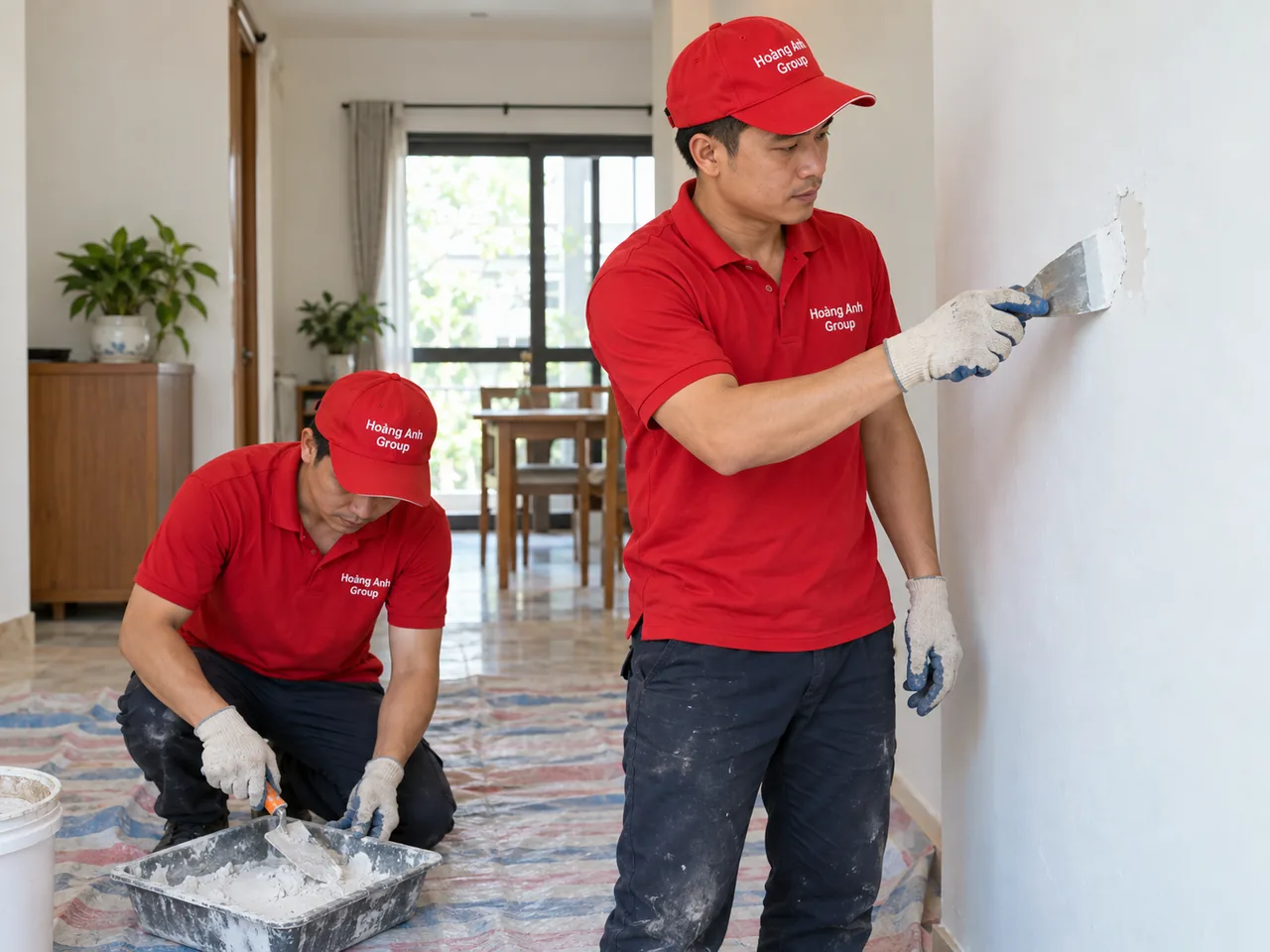 Nhân công xử lý phần vữa bong trên tường và chuẩn bị vật liệu sửa bề mặt