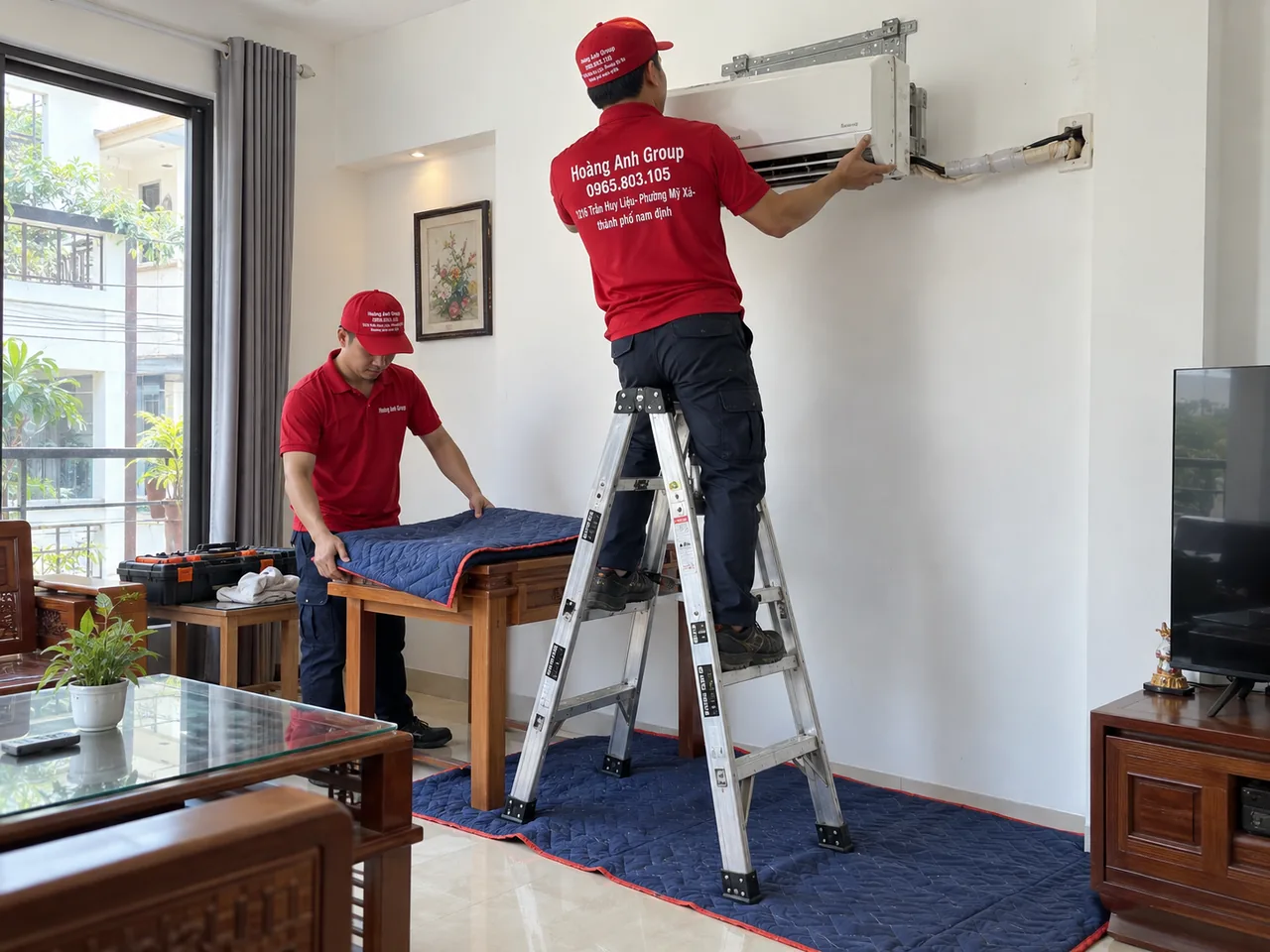 Kỹ thuật viên trên thang đỡ dàn lạnh điều hòa, người phía dưới giữ thang