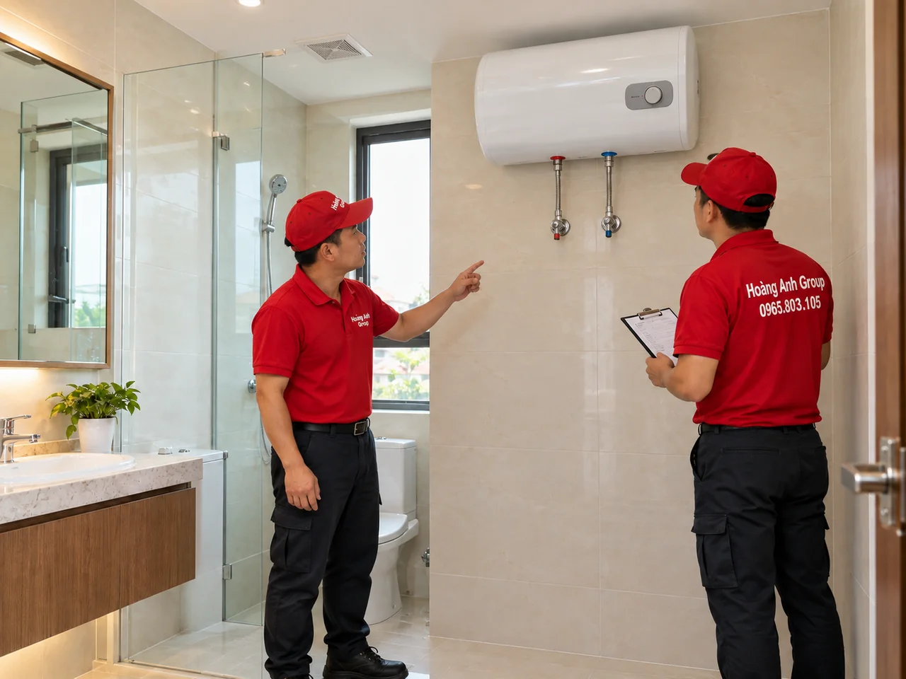 Hai kỹ thuật viên kiểm tra bình nóng lạnh gắn cao trên tường phòng tắm