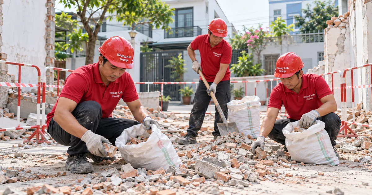 Nhân viên phân loại mảnh gạch và bê tông ở khu đất tầng trệt đã ngừng phá dỡ