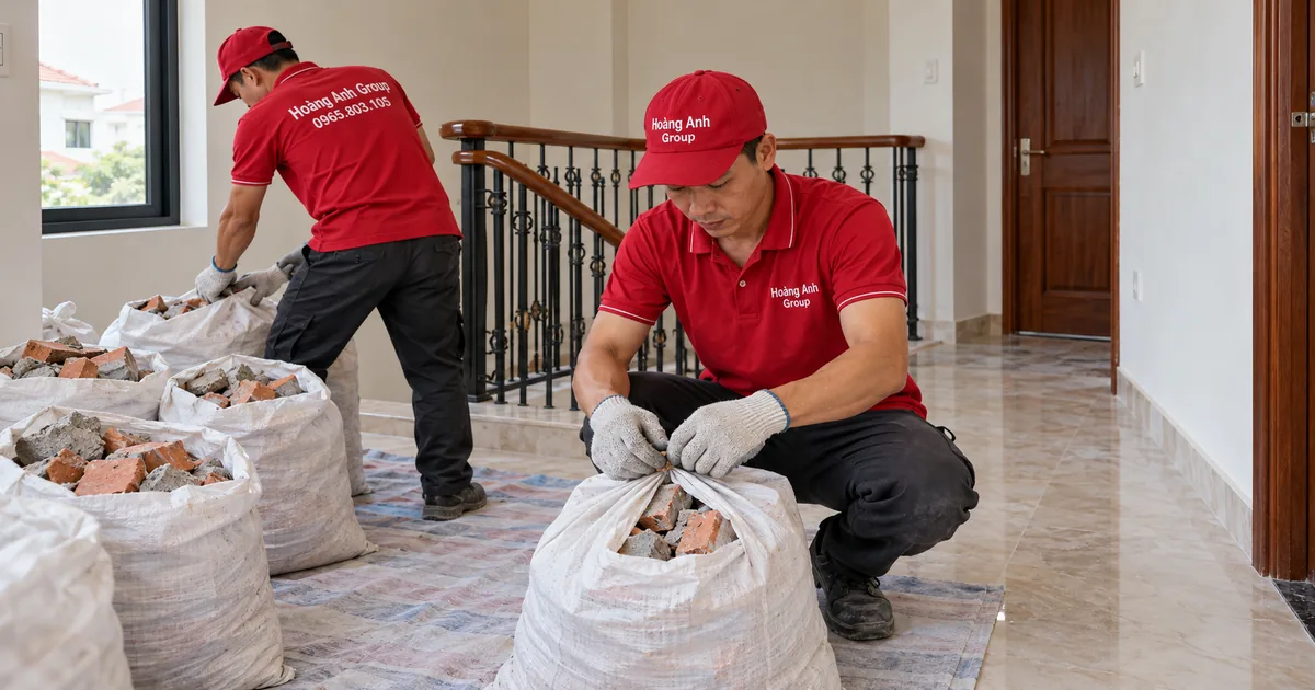 Nhân viên chuẩn bị bao chạc trên chiếu nghỉ có lan can kín trong nhà