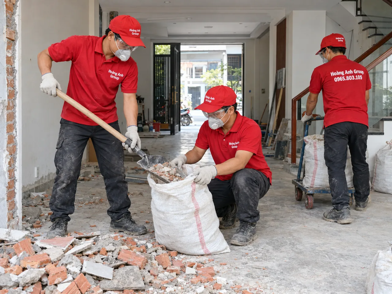 Minh họa thu gom gạch vỡ và vữa thừa sau sửa nhà