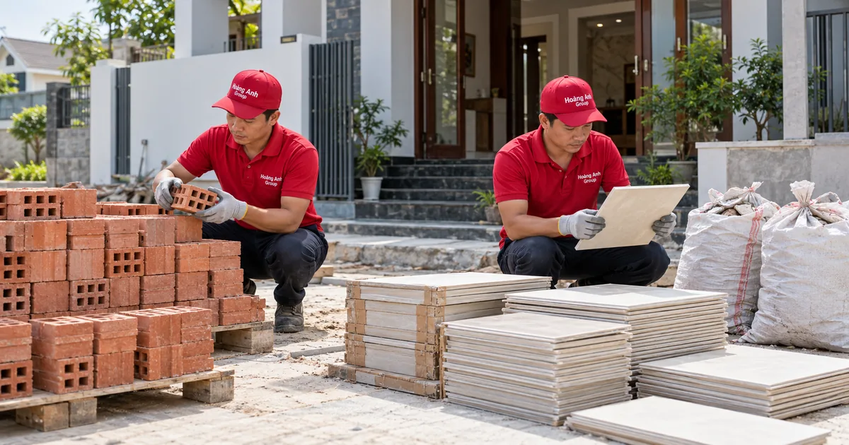 Nhân viên tách gạch nguyên và gạch lát còn dùng được khỏi bao chứa mảnh vỡ