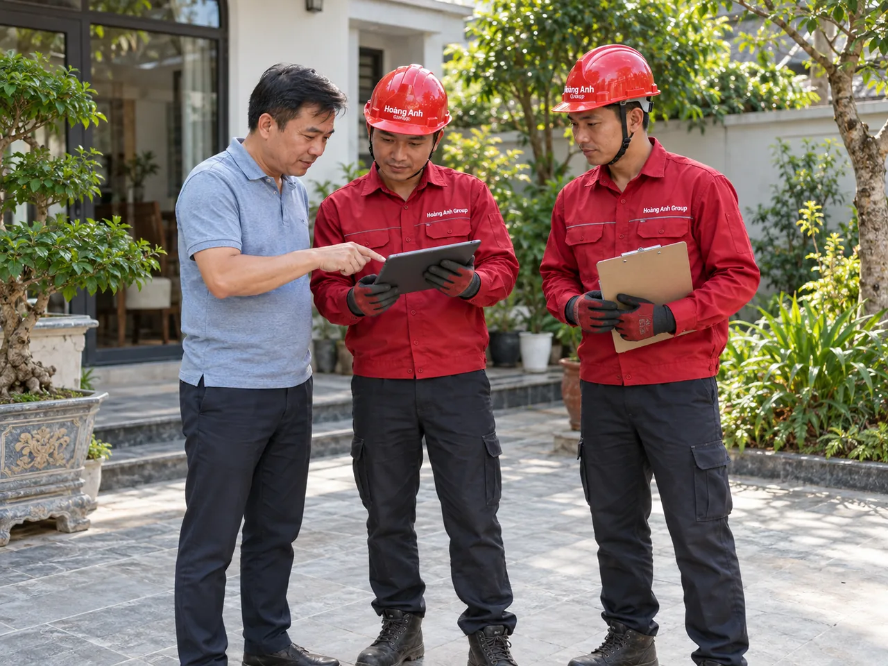 Chủ nhà và nhân công trao đổi hình ảnh hiện trạng trên máy tính bảng cạnh sân bê tông