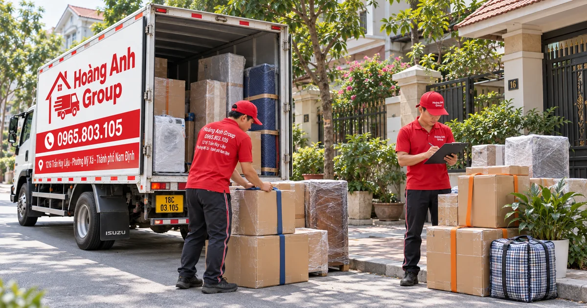 Nhân viên Hoàng Anh Group phân nhóm đồ cho chuyến xe chuyển nhà nhiều điểm