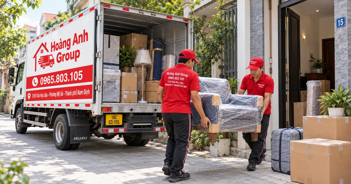 Nhân viên Hoàng Anh Group chuyển ghế đã bọc và đồ phòng thuê theo chuyến