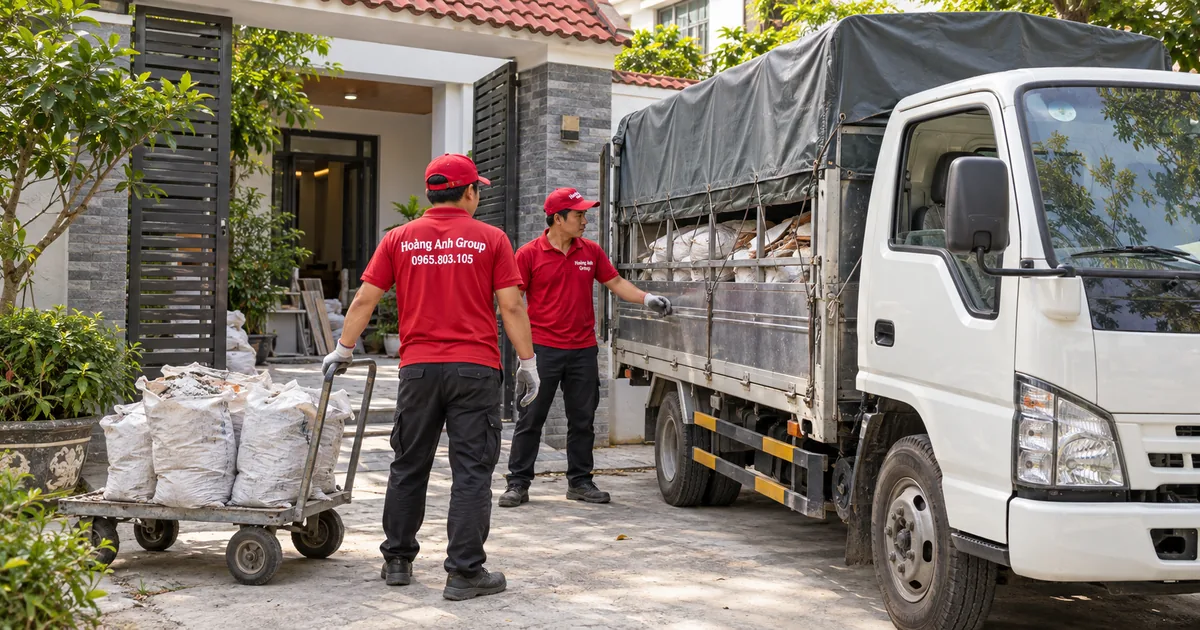 Xe tải đứng tại cổng công trình, nhân viên kiểm tra lối đưa các bao chạc lên xe