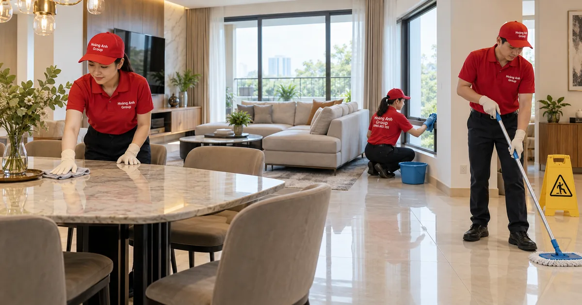 Ba nhân viên lau bàn, kính thấp và sàn ở các khu riêng trong không gian nhà ở