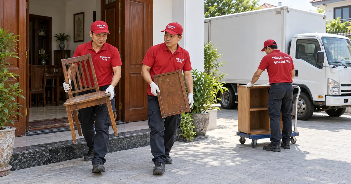 Nhân viên di chuyển ghế gỗ và tấm tủ cũ qua cửa nhà tầng trệt