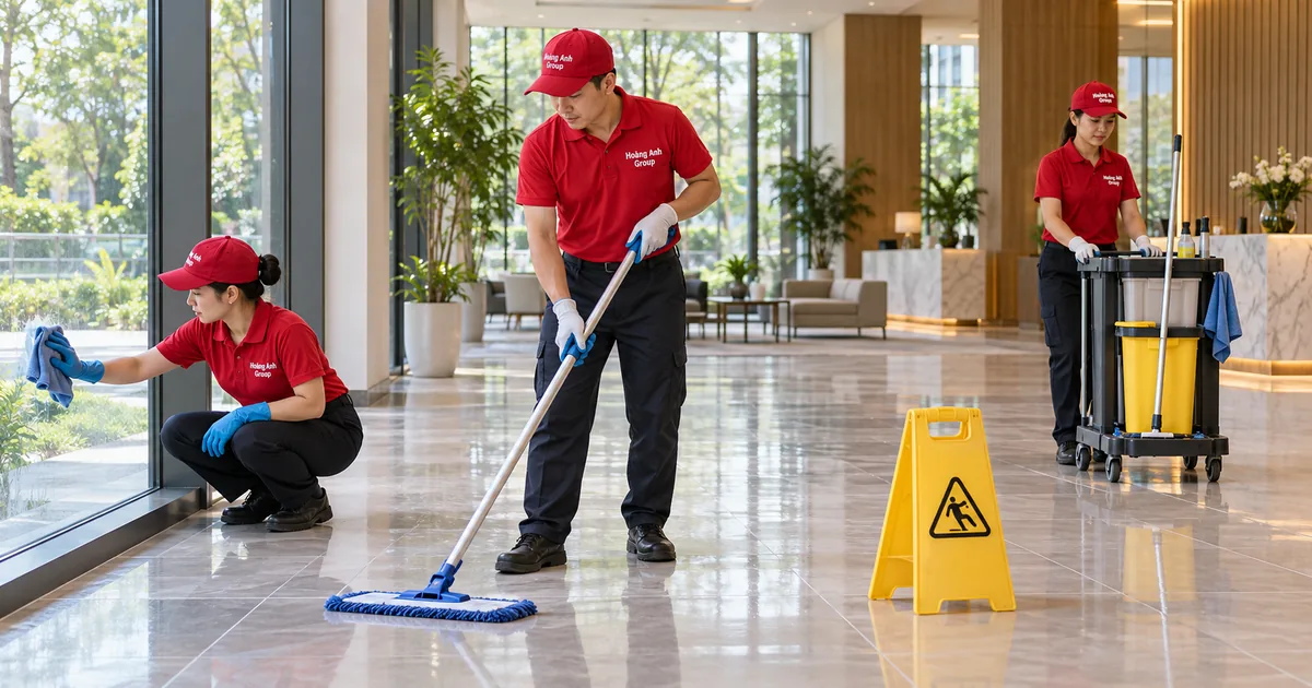 Nhân viên lau sàn, lau kính thấp và chuẩn bị dụng cụ trong sảnh công trình