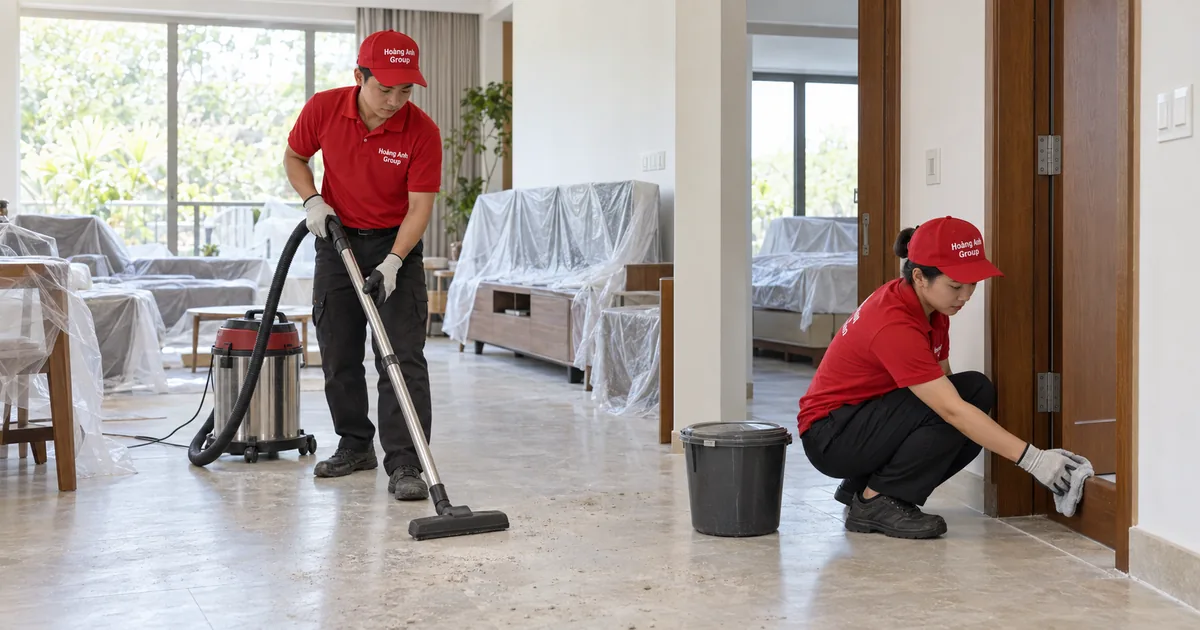 Nhân viên hút bụi sàn và lau khung cửa thấp tại nhà vừa sửa, nội thất được che riêng