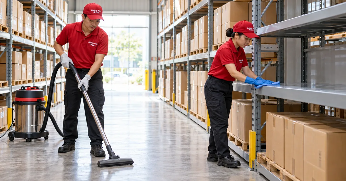 Nhân viên hút bụi lối đi và lau kệ thấp trống trong kho, hàng được giữ kín