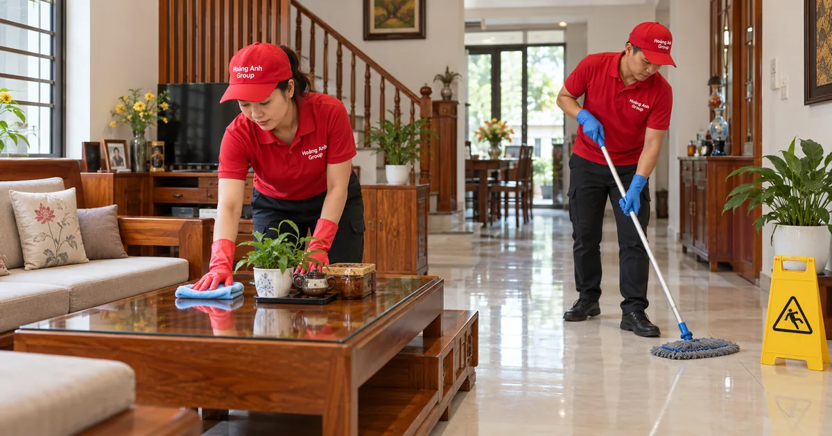 Hai nhân viên lau bàn và lau sàn trong phòng khách nhà phố đang có nội thất
