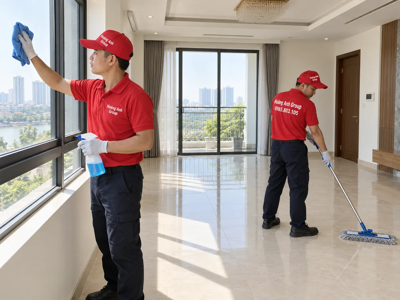 Hai nhân công áo đỏ lau cửa kính và lau sàn trong phòng khách