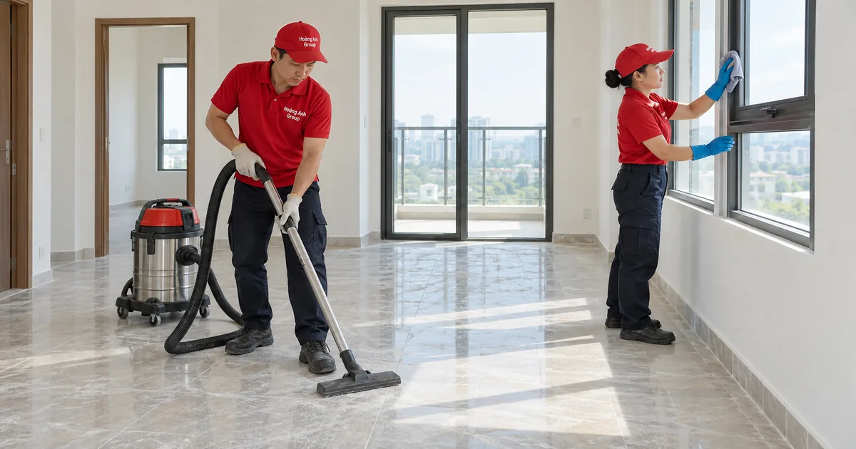 Nhân viên hút bụi trên sàn và lau khung cửa thấp trong căn nhà vừa hoàn thiện
