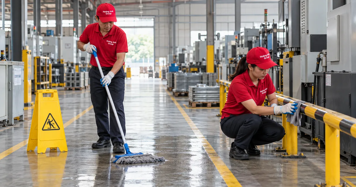 Nhân viên làm sạch lối đi được giới hạn trong xưởng, máy móc dừng hoạt động