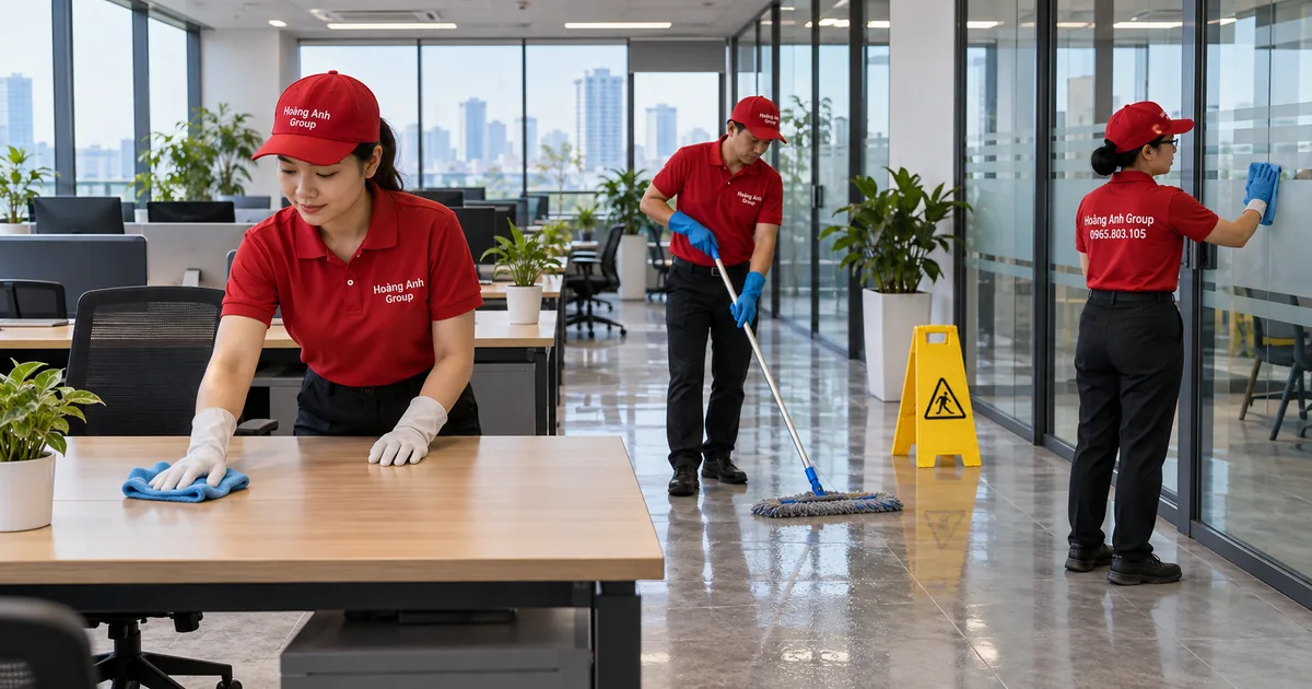 Nhân viên lau bàn trống, sàn và vách kính thấp trong văn phòng sau giờ làm
