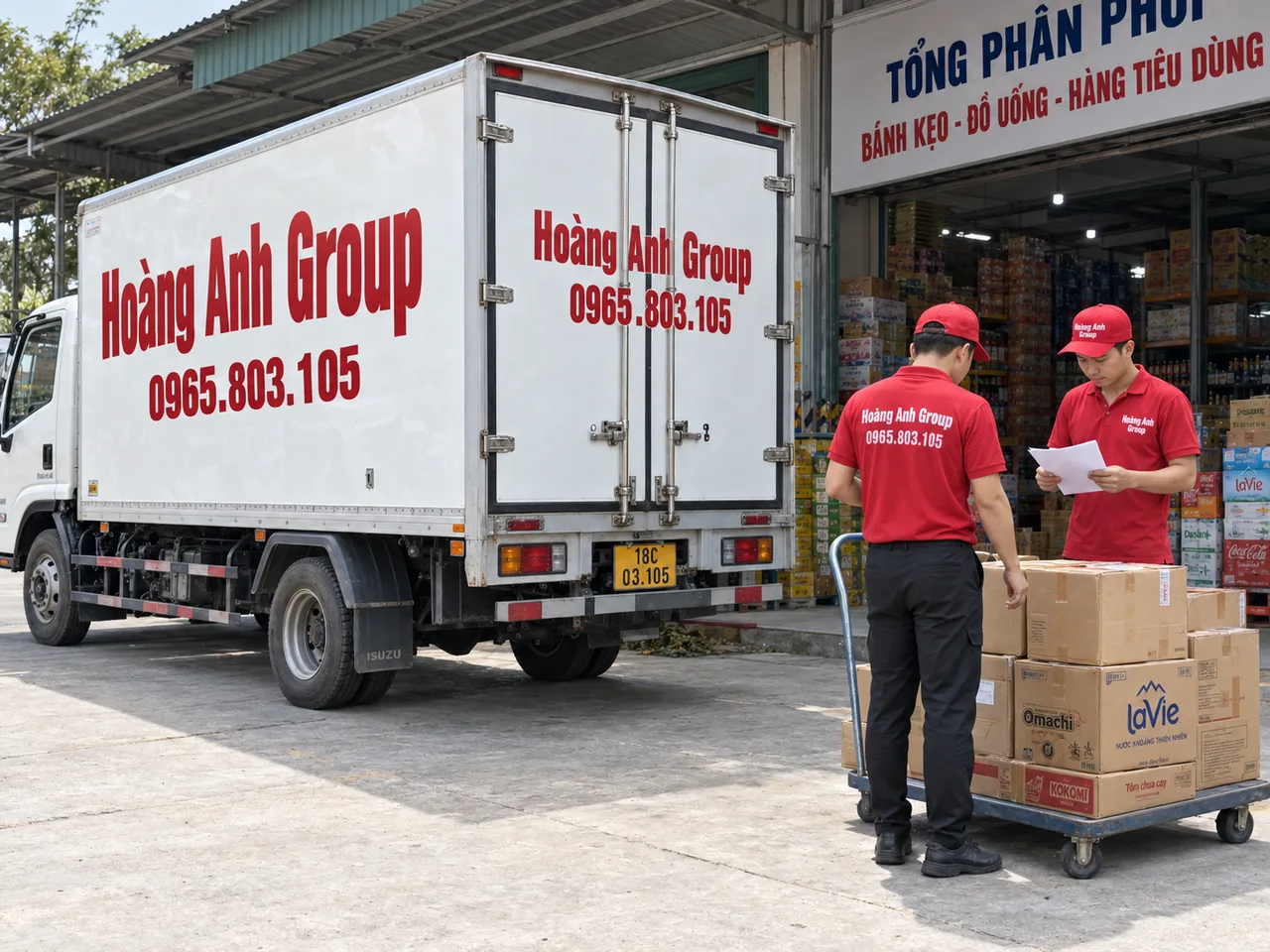 Nhân viên đối chiếu phiếu giao với thùng hàng cạnh xe tải cabin trắng tại cửa hàng