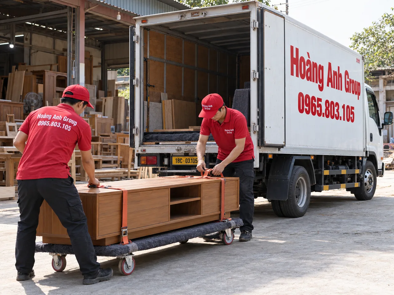 Hai nhân viên giữ tủ gỗ thấp trên xe đẩy cạnh xe tải tại xưởng nội thất