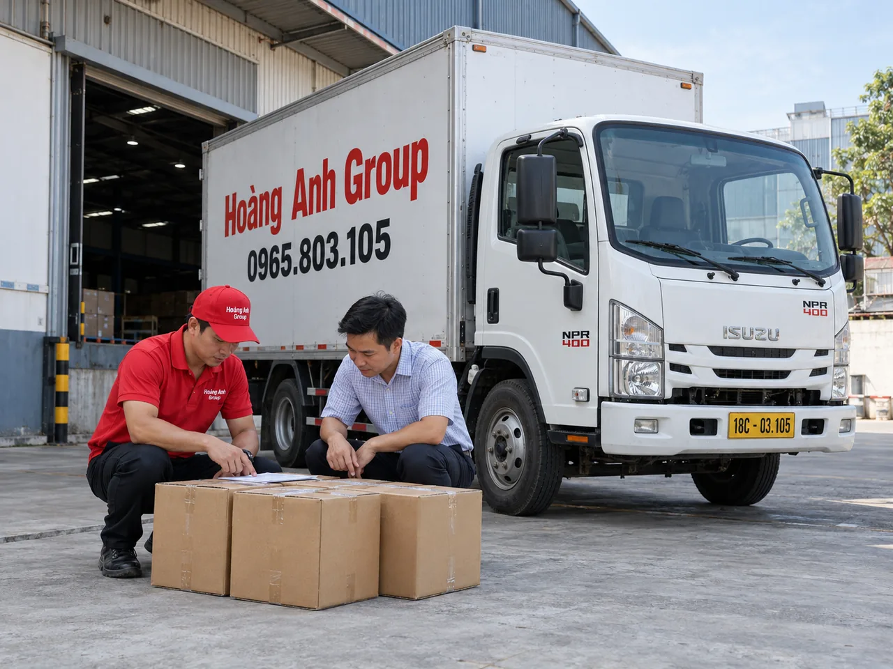 Nhân viên và khách đối chiếu kiện hàng tại sân kho cạnh xe tải thùng kín