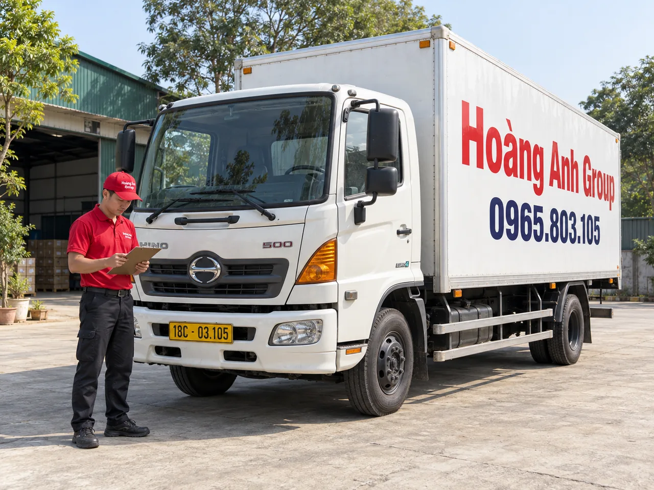 Xe tải thùng kín lớn đỗ trong sân logistics, tài xế xem phiếu hàng bên cabin