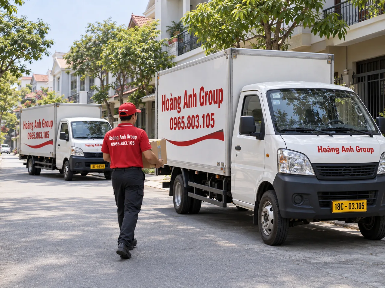 Hai xe tải thùng kín cỡ nhỏ đỗ trong ngõ rộng, nhân viên mang một thùng hàng nhẹ