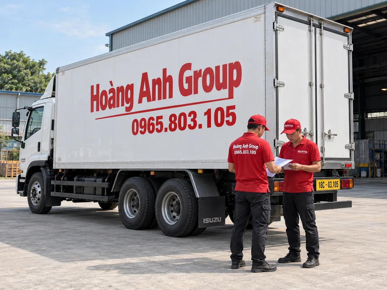Hai nhân viên trao đổi giấy giao hàng cạnh xe tải thùng kín lớn trong sân công nghiệp