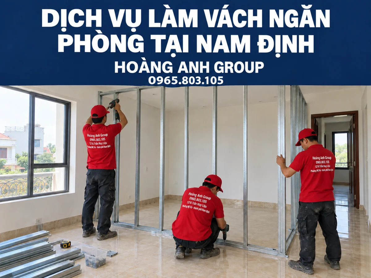 Nhân viên Hoàng Anh Group lắp khung vách ngăn trong nhà, kèm tiêu đề dịch vụ tại Nam Định