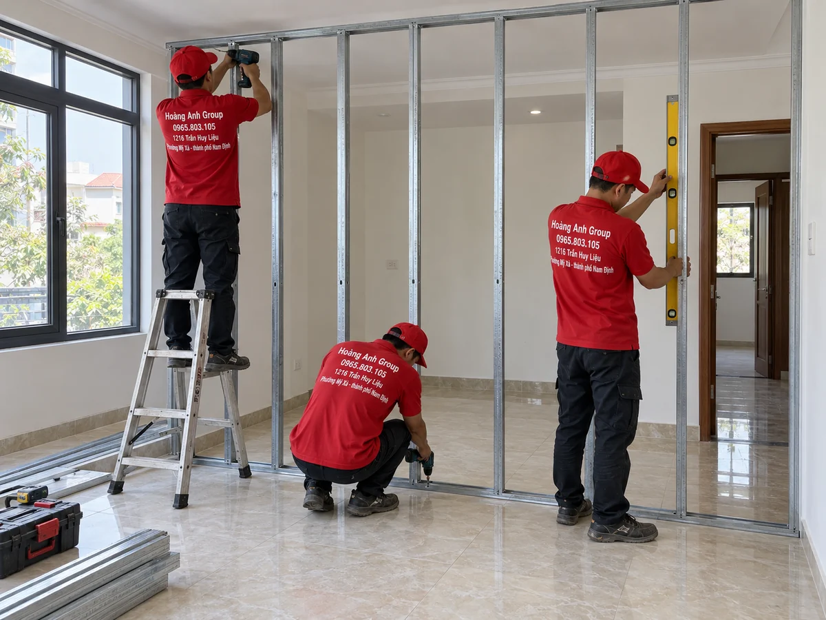 Ba nhân viên cố định khung kim loại và kiểm tra độ thẳng bằng thước thủy