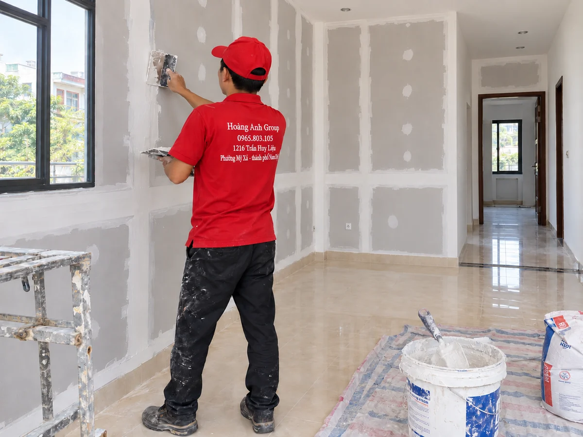 Nhân viên Hoàng Anh Group xử lý mối nối tấm thạch cao