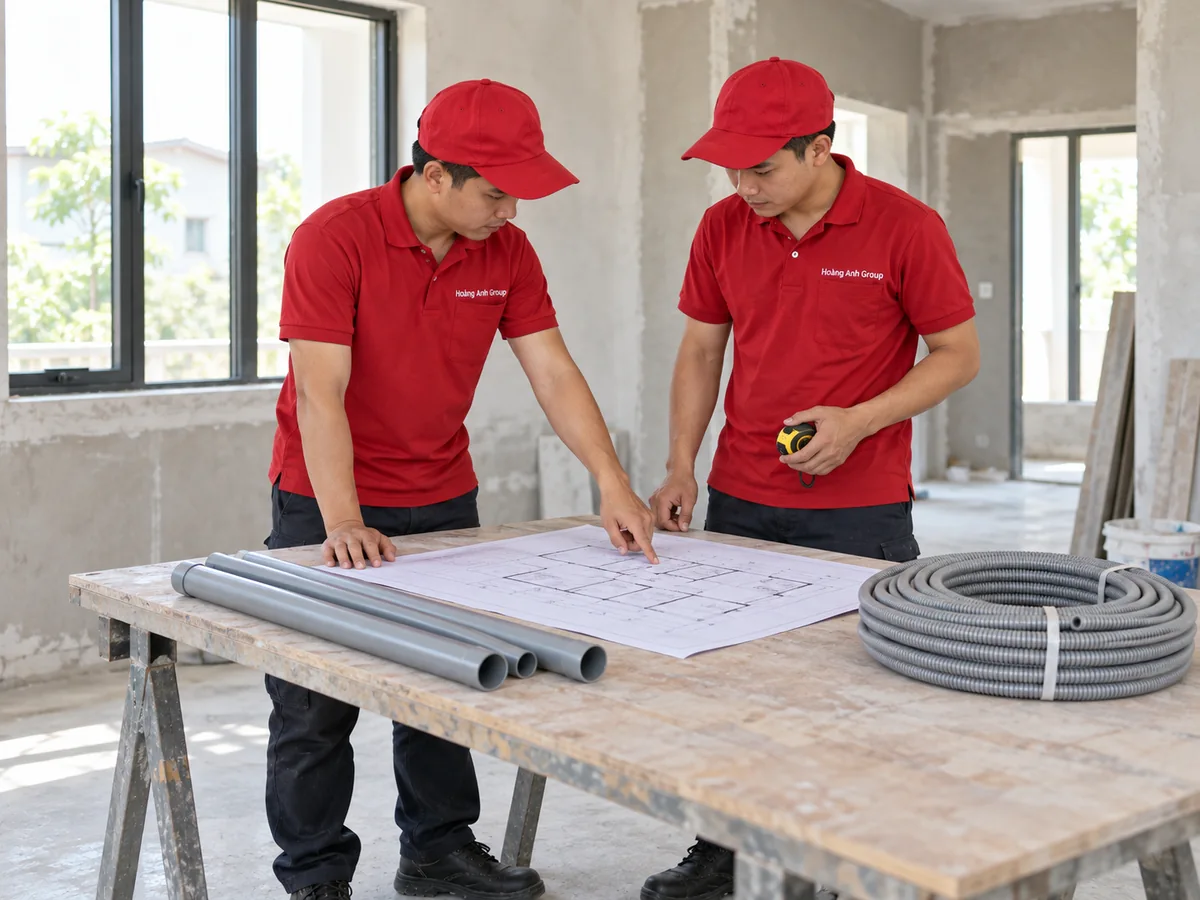 Hai nhân viên Hoàng Anh Group đối chiếu bản vẽ điện nước tại nhà đang hoàn thiện